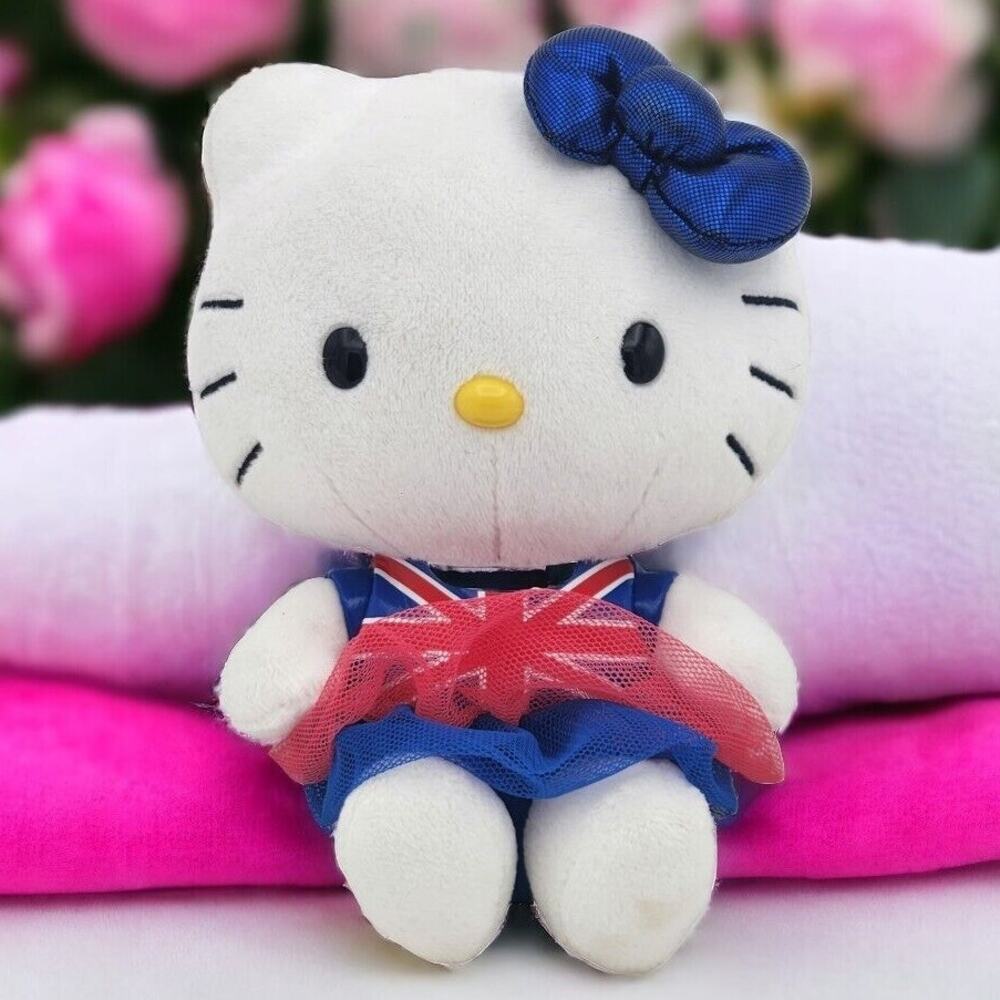Sanrio Hello Kitty Plush British Union Jack Flag Dress Blue Metallic Bow 2014